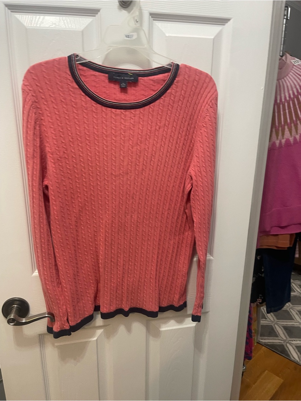 Tommy Hilfiger Coral Cable Knit Crew with Navy Trim
